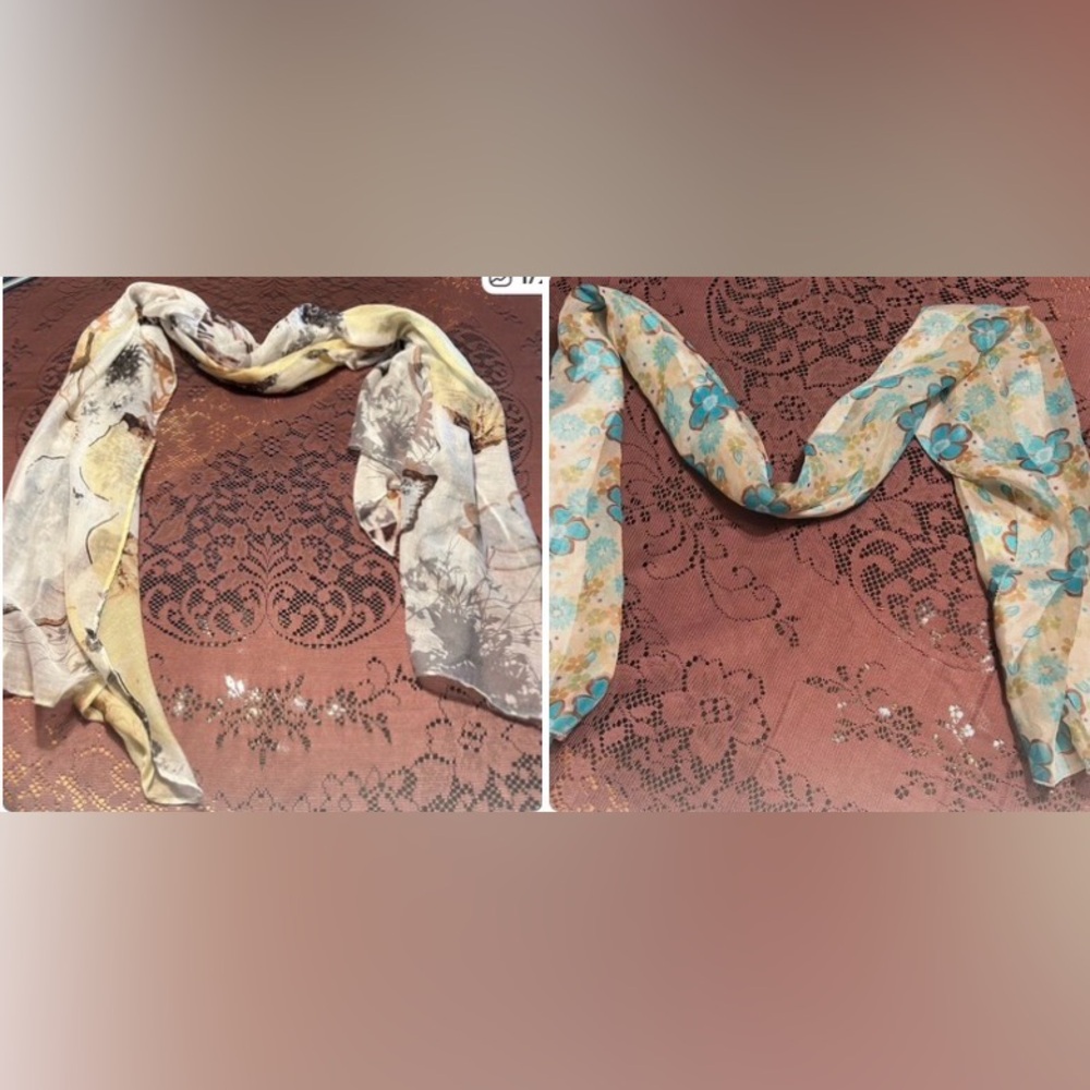 2- Scarves, Miss Sport Rajsc Floral Yellow & Brown Scarf 72”X33”, Aqua 60”X13.5”